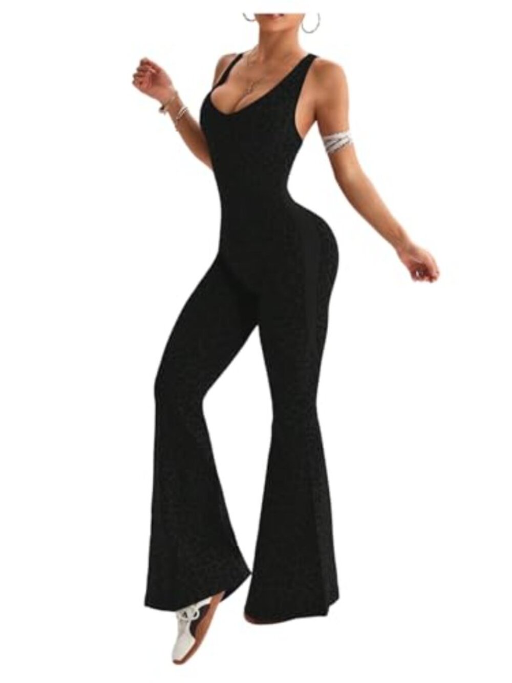 WDIRARA Leopard Print Scoop Neck Flare Yoga Jumpsuit
